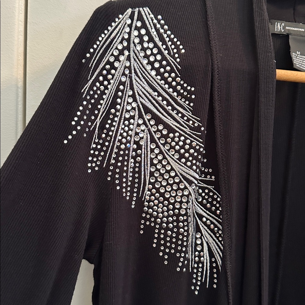 I.N.C. Glam Feather Rhinestone Embellished Open Front Duster Cardigan Size M - Picture 5 of 11